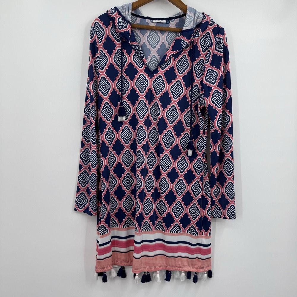 Cabana Life Dress Womens Medium Blue Hooded UPF Knee Length Tasseled Travel